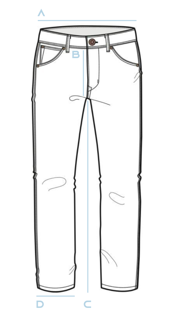 Technical drawing of jeans with labeled measurements A, B, C, and D, representing different parts of the jeans for sizing and fitting purposes.